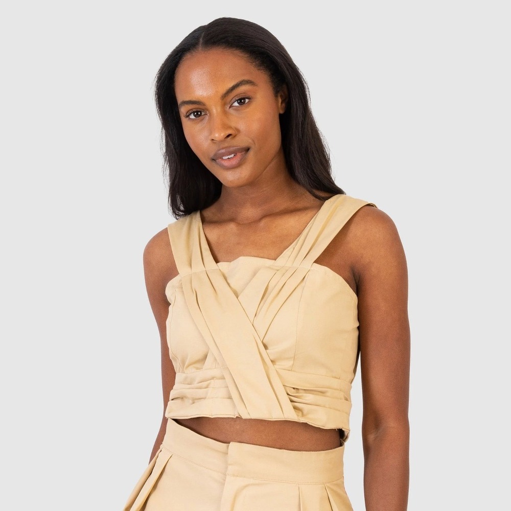 KOCH Crisscross Pleated Crop Top Tank Wide Strap Khaki Tan Size S